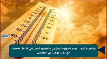 ارتفاع طفيف.. درجة الحرارة العظمى بالقاهرة تصل إلى 38 غدًا السبت مع تغير مؤقت في الطقس